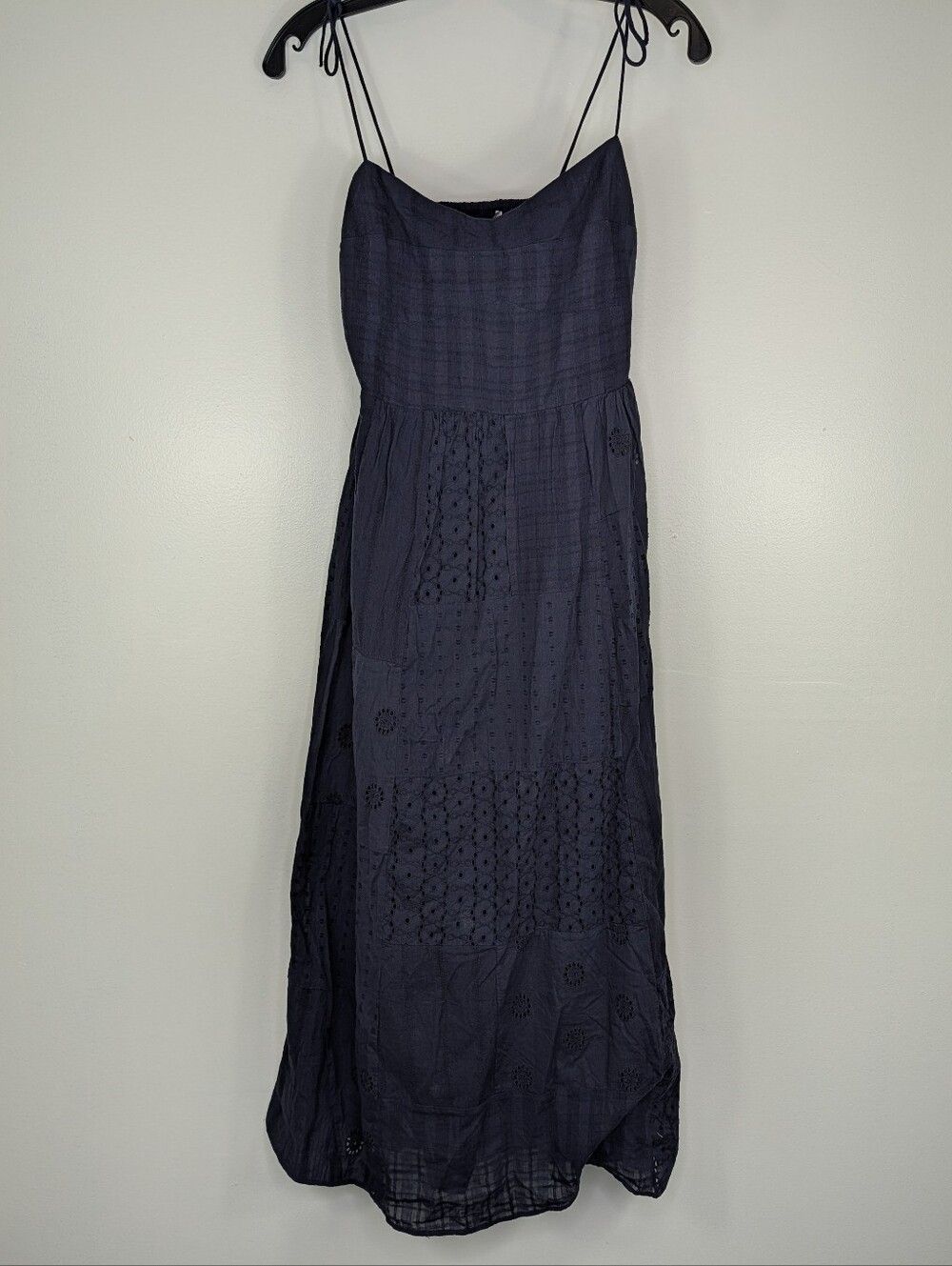Zara Cotton Midi Dress Womens XS Embroidered Eyelet Navy Blue Patchwork Boho